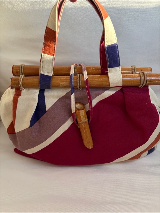 Handbags - Canvas Bamboo-Handle Tote Bag in Magenta and Multi-Color